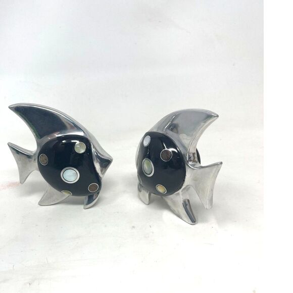 Vintage Silver & Black Metal Pair Fish Figurines With Inlaid Stone Abalone *RARE - Picture 5 of 11